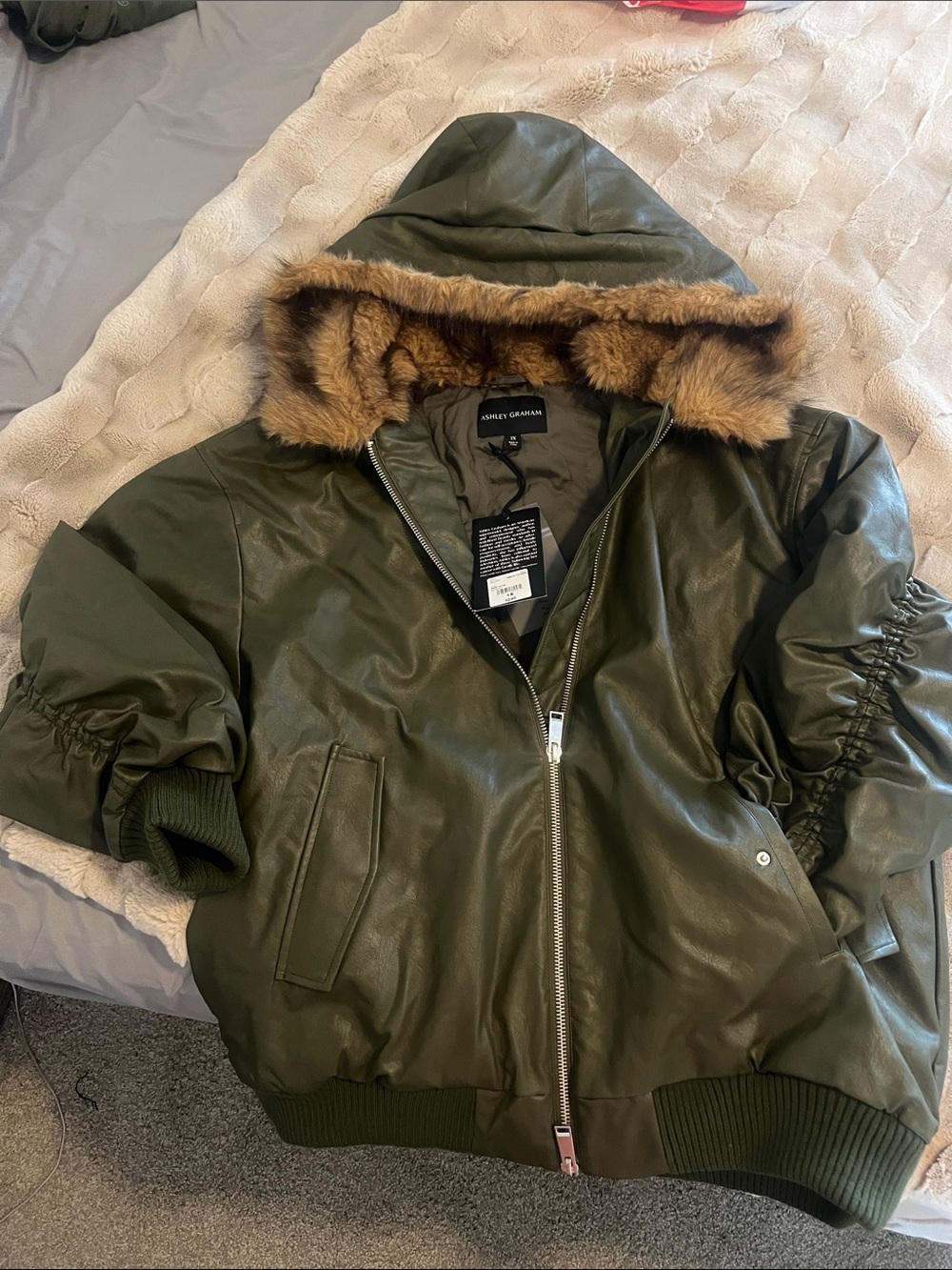 Ashley Graham Olive Faux Leather Hooded Bomber with Fur Trim
